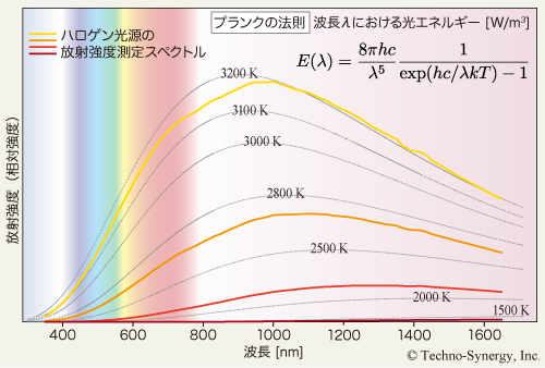 プランクの法則から求めた放射強度スペクトルとハロゲン光源の測定放射強度スペクトル